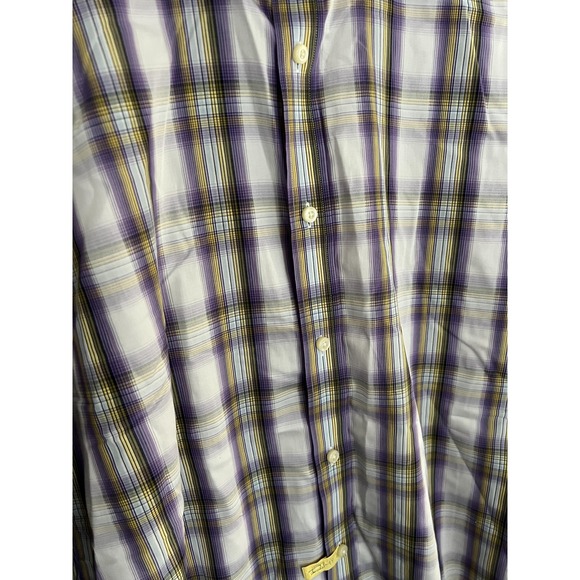 Thomas Dean Shirt Mens Large Purple Yellow Plaid Button Down Smart Casual Cotton - Picture 8 of 14